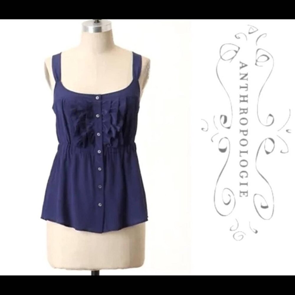 Anthropologie Odille Navy Silk Button-Front Tank Top With Ruffle Detail Size 6